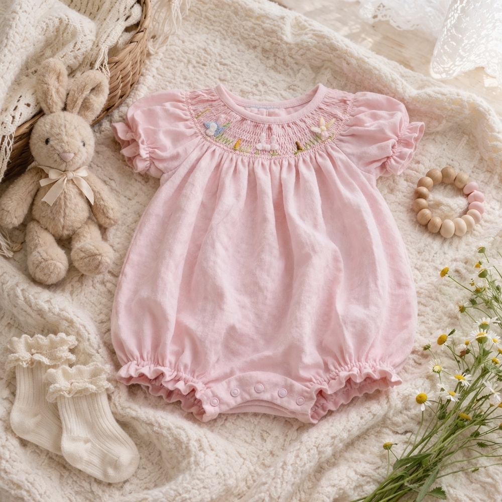 Hug Me First Hand Smocked Baby Bubble Romper | Pink Bunny | 0–3M